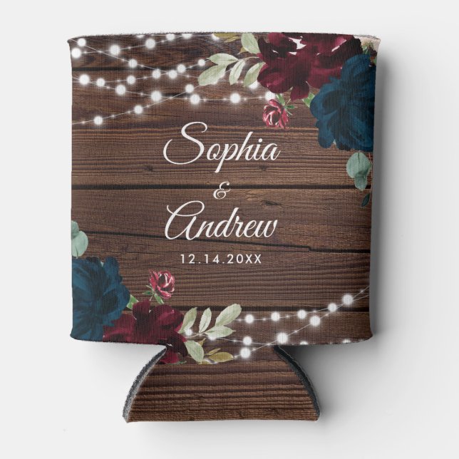 Marsala & Navy Rustic Wood Wedding Can Cooler (Front)