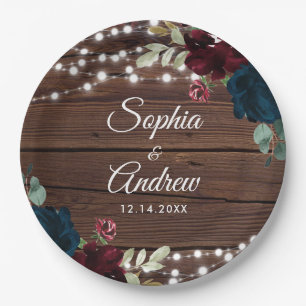 Marsala & Navy Rustic Wood Wedding Paper Plate