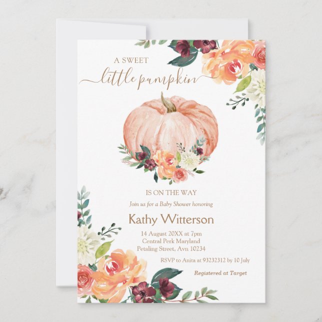 Marsala Orange Floral Pumpkin Baby Shower Invitation (Front)