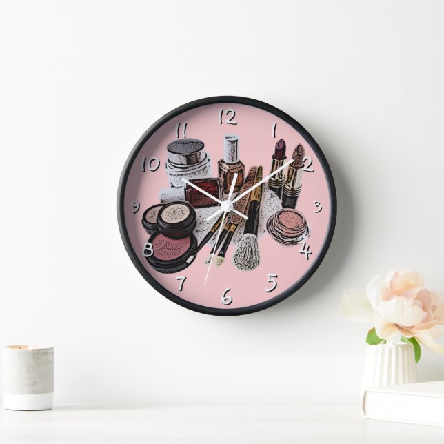 Marsala Pastel Pink Beauty Salon Makeup Products Wall Clock (Home)