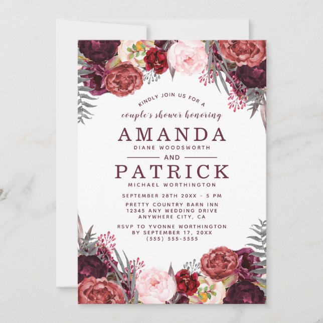 Marsala Peony Fall Boho Couples Shower Invitations (Front)