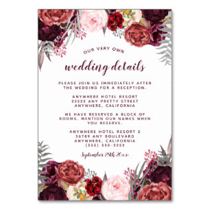 Marsala Peony Fall Wedding Insert Reception Cards