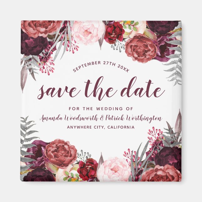 Marsala Peony Fall Wedding Save the Date Magnets (Front)