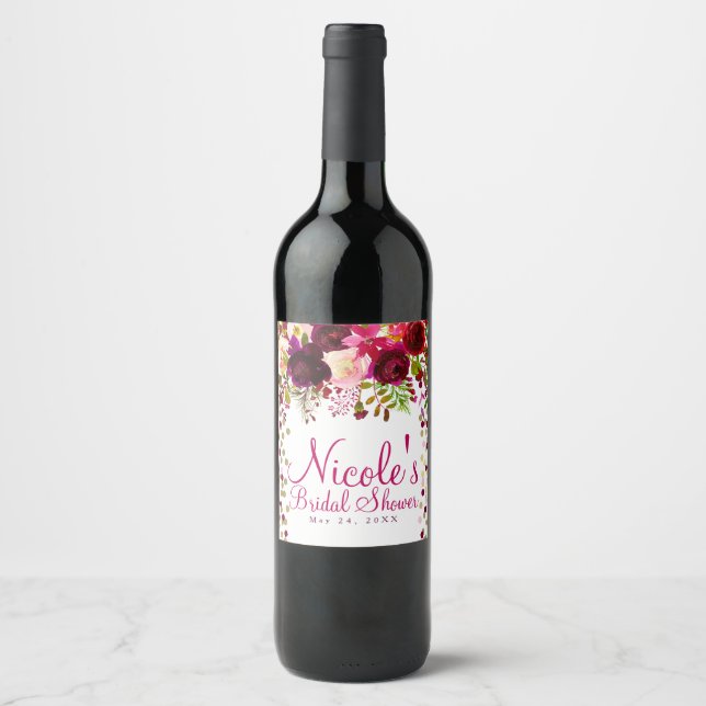 Marsala Pink Floral Gold Burgundy Bold Wedding Wine Label (Front)