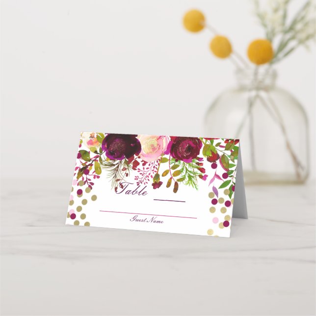 Marsala Pink Floral Gold Burgundy Table Seating Place Card (Back)