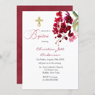 Marsala Pink Floral Gold Cross Baptism Invitation