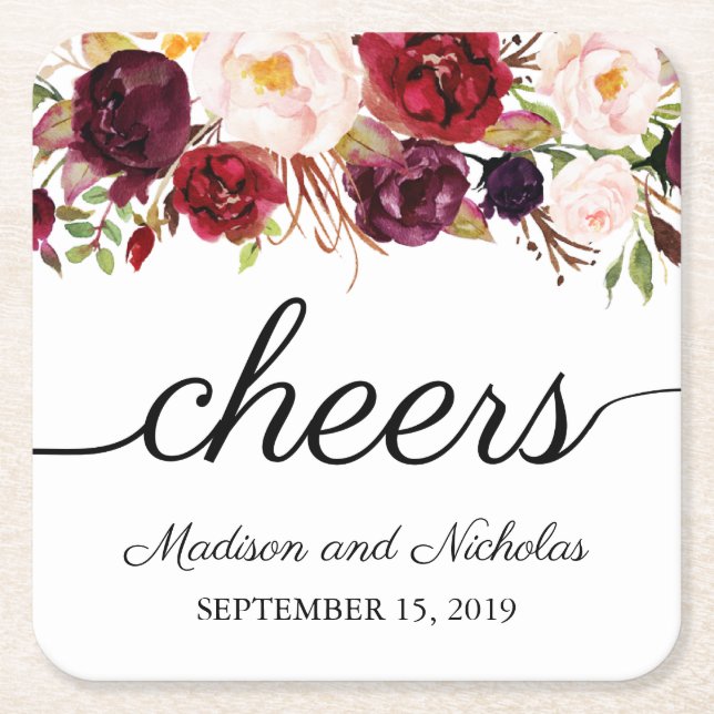 Marsala & Pink Floral Wedding Paper Coasters (Front)