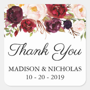 Marsala Pink Floral Wedding Square Stickers