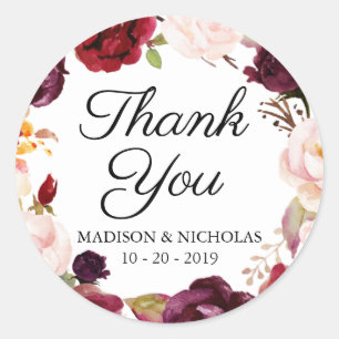 Marsala Pink Floral Wedding Stickers Thank You