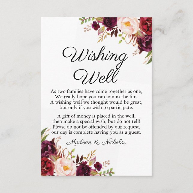 Marsala & Pink Floral Wedding Wishing Well Cards (Front)