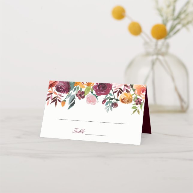 Marsala Pink Orange Flowers Wedding Place Card (Front)