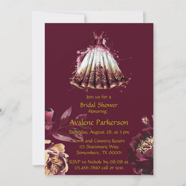 Marsala Red and Gold Peony Bridal Shower Invitation (Front)