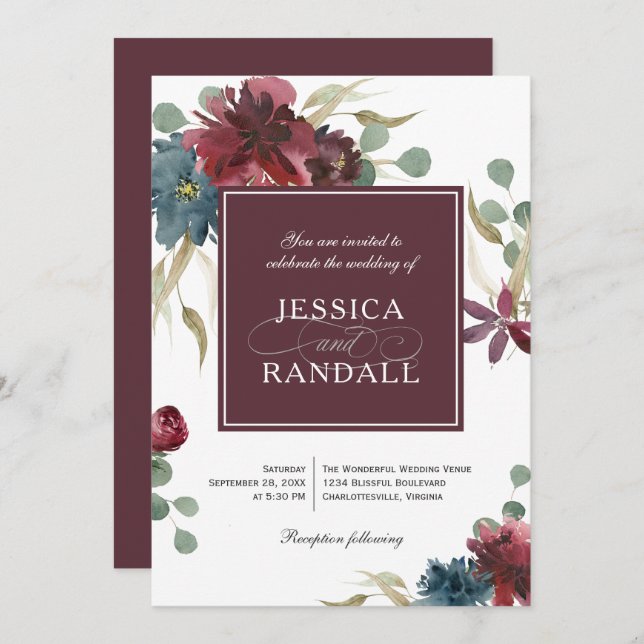 Marsala Red and Navy Floral Wedding Invitation (Front/Back)