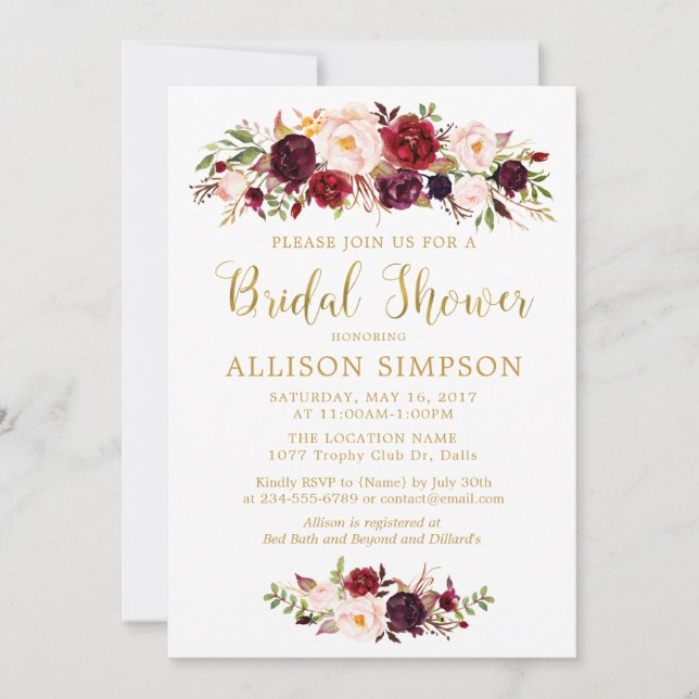 Marsala Red Autumn Gold BridalShower Invitations (Front)