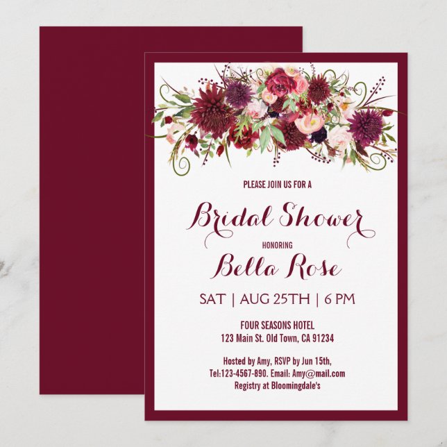 Marsala Red Burgundy Floral Bridal Shower Card (Front/Back)