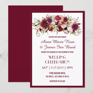 Marsala Red Burgundy Floral Chic Wedding Cards