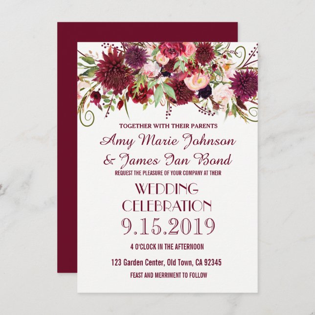 Marsala Red Burgundy Floral Wedding Invitations (Front/Back)