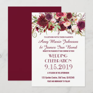 Marsala Red Burgundy Floral Wedding Invitations