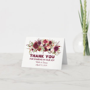 Marsala Red Burgundy Floral Wedding Thank You Card
