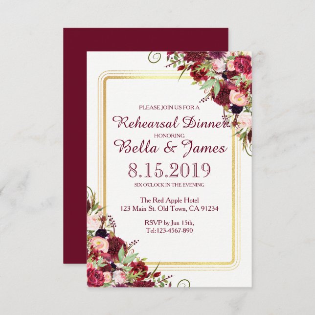 Marsala Red Burgundy Gold Mariage Invitation (Devant / Derrière)