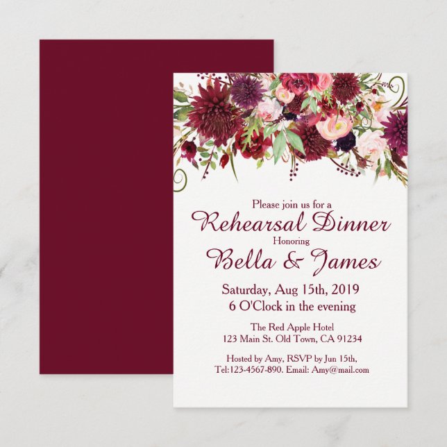 Marsala Red Burgundy Invitations de répétition Mar (Devant / Derrière)