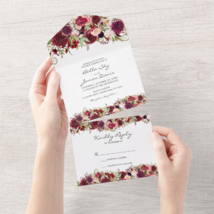 Marsala Red Burgundy Wedding All in One Invitation