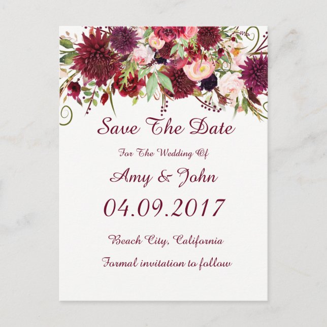 Marsala Red Floral Wedding Save the Date Postcard (Front)