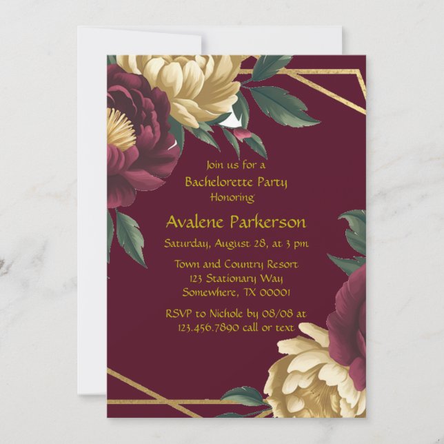 Marsala Red Gold Peony Geometric Bachelorette Part Invitation (Front)