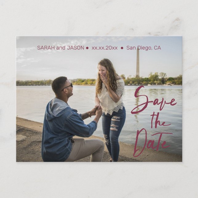 marsala red hand lettering save the date postcard (Front)