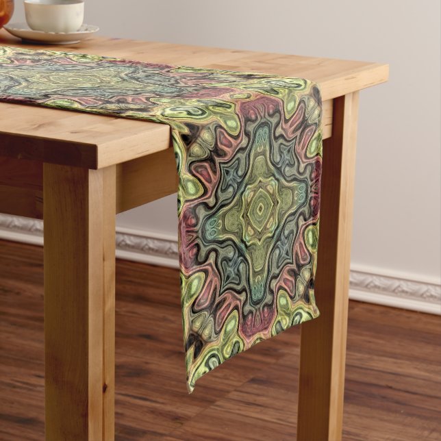 Marsala Red Ochre Yellow Teal Hip Ornate Art Motif Medium Table Runner (In Situ)