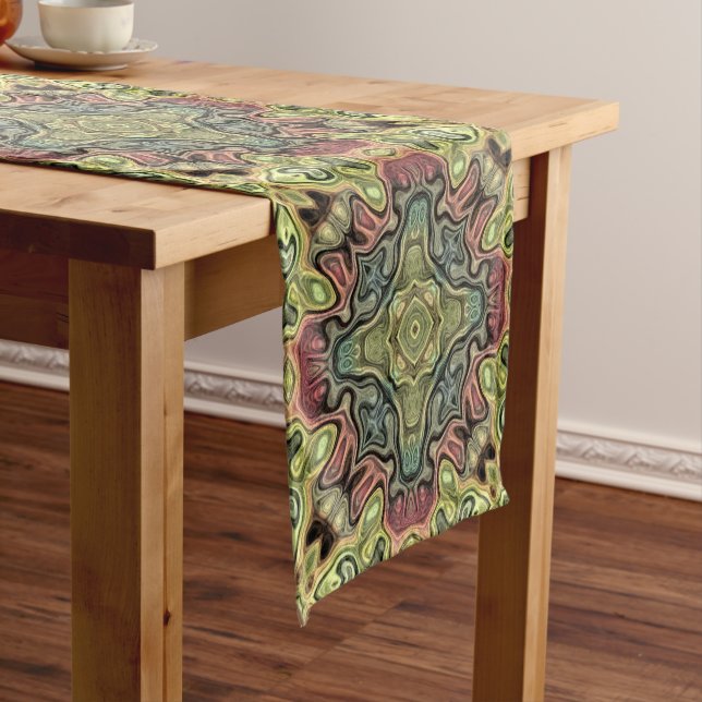 Marsala Red Ochre Yellow Teal Hip Ornate Art Motif Short Table Runner (In Situ)