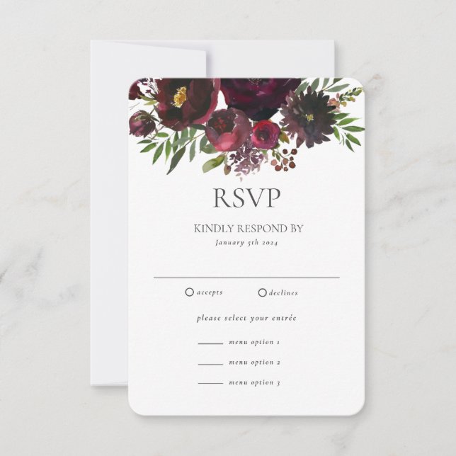 Marsala Red Rose Floral  Custom Wedding  RSVP Card (Front)