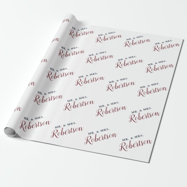 Marsala Red Script Mr & Mrs Wedding Personalized Wrapping Paper (Unrolled)