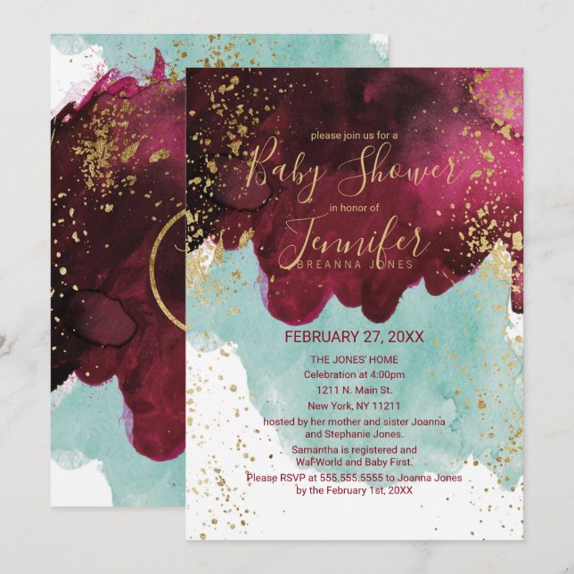 Marsala Red Teal Watercolor Gold Baby Shower Invitation (Front/Back)