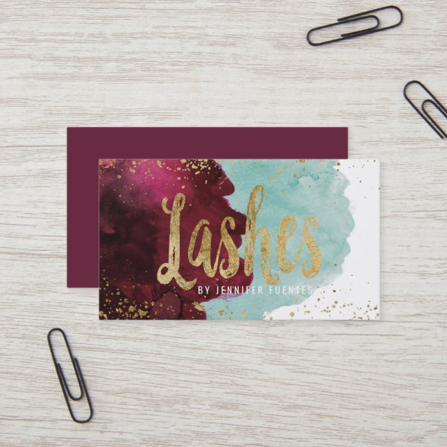 Marsala Red Teal Watercolor Gold Lashes Business Card (Front/Back In Situ)