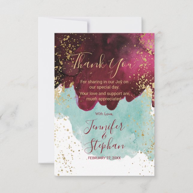 Marsala Red Teal Watercolor Gold Splash Thank You (Front)