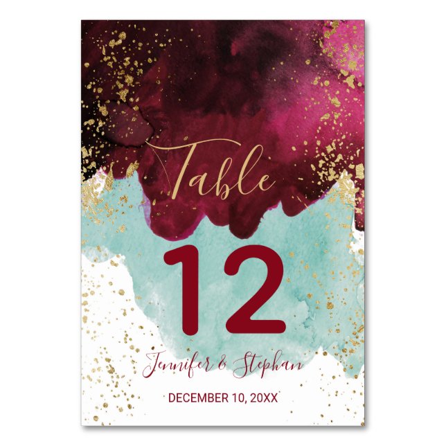 Marsala Red Teal Watercolor Gold Table Numbers (Front)