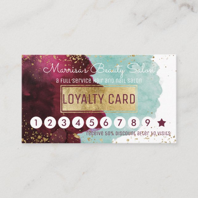 Marsala Red Teal Watercolor Loyalty Discount Punch (Front)