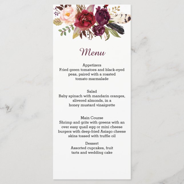 Marsala Red White Roses Boho Feathers Menu (Front)