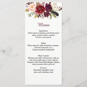 Marsala Red White Roses Boho Feathers Menu