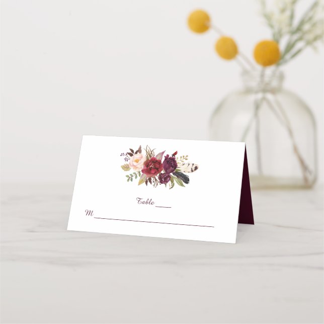 Marsala Red White Roses Boho Feathers Place Cards (Front)