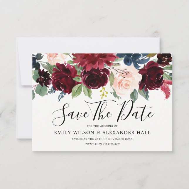 Marsala Red Wine Burgundy Flowers Wedding Save The Date (Front)