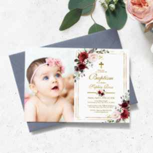 Marsala Rose & Gold Frame Photo Girl Baptism Invitation