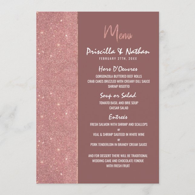 Marsala Rose Gold Glitter Colour Block Wedding Men Menu (Front)