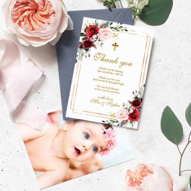 Marsala Rose & Gold Photo Baptism Thank You Card (Creator Uploaded)