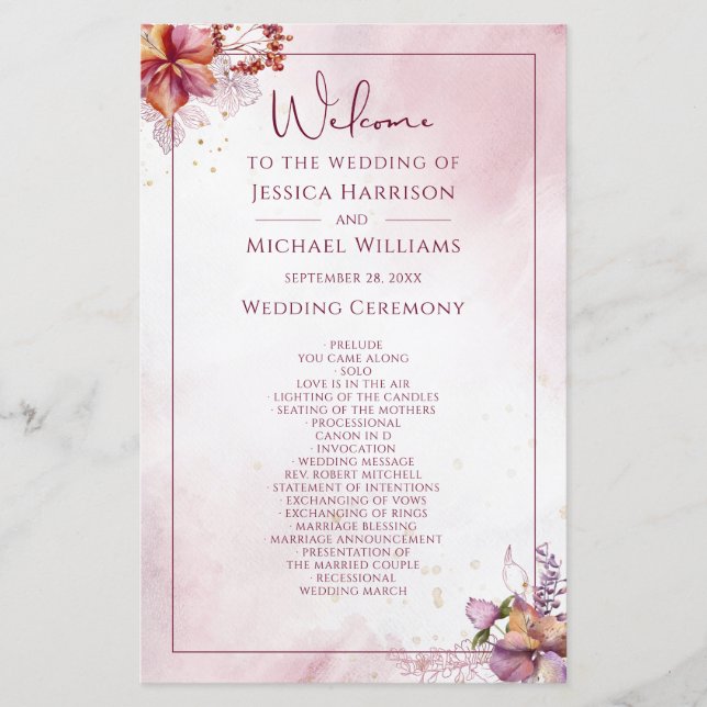 Marsala Rose Gold Watercolor Programme de mariage (Devant)