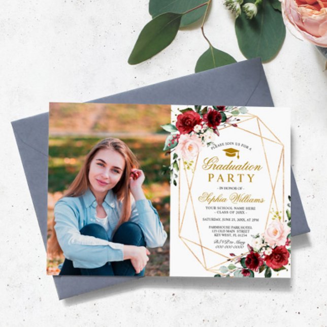 Marsala Rose Photo Graduation Party Girly Floral Invitation (Creator Uploaded)
