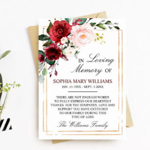 Marsala Rose Sympathy Memory Thank You Card