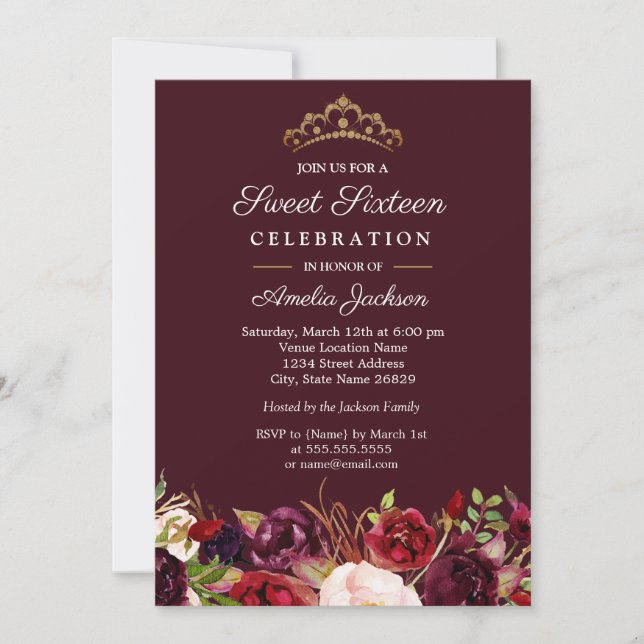 Marsala Rouge Bourgogne Floral Sweet 16 Invitation (Devant)