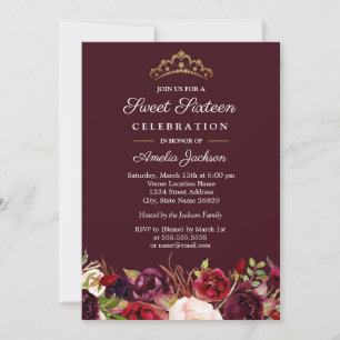 Marsala Rouge Bourgogne Floral Sweet 16 Invitation